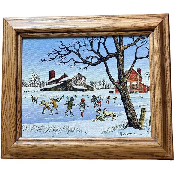 Other - H Hargrove Oil Painting Serigraph Children Ice Skating Pond Signed Certified